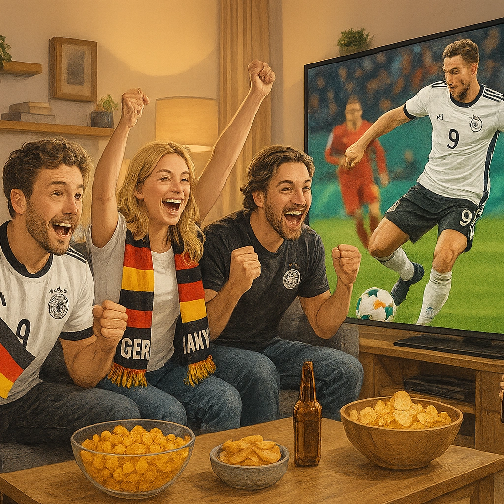 Gruppe von Freunden schaut die deutsche Fußballnationalmannschaft auf Smart TV in HD – Purchase IPTV
